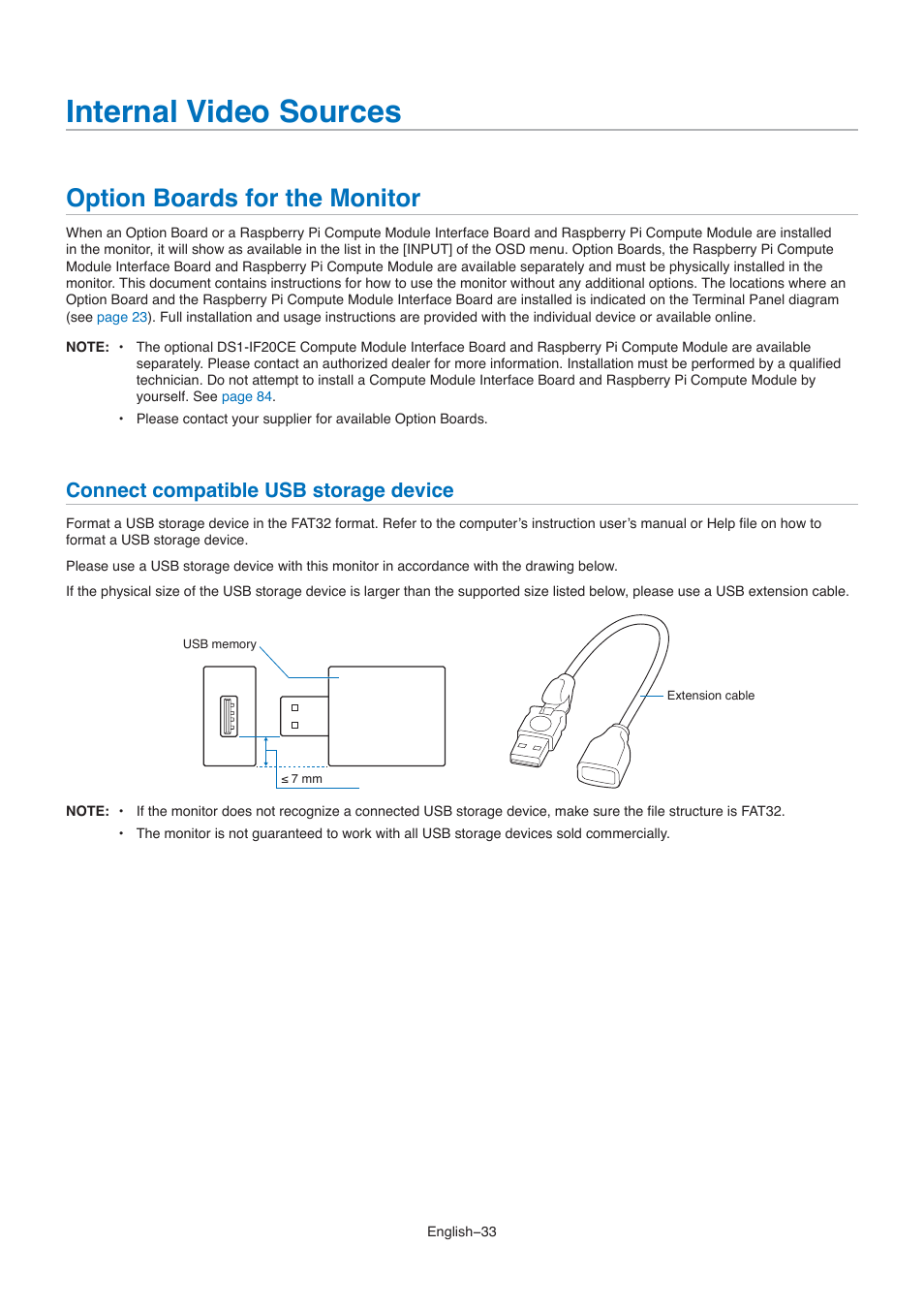 Internal video sources, Option boards for the monitor, Connect compatible usb storage device | NEC M861 86" UHD 4K HDR Commercial Monitor User Manual | Page 37 / 114