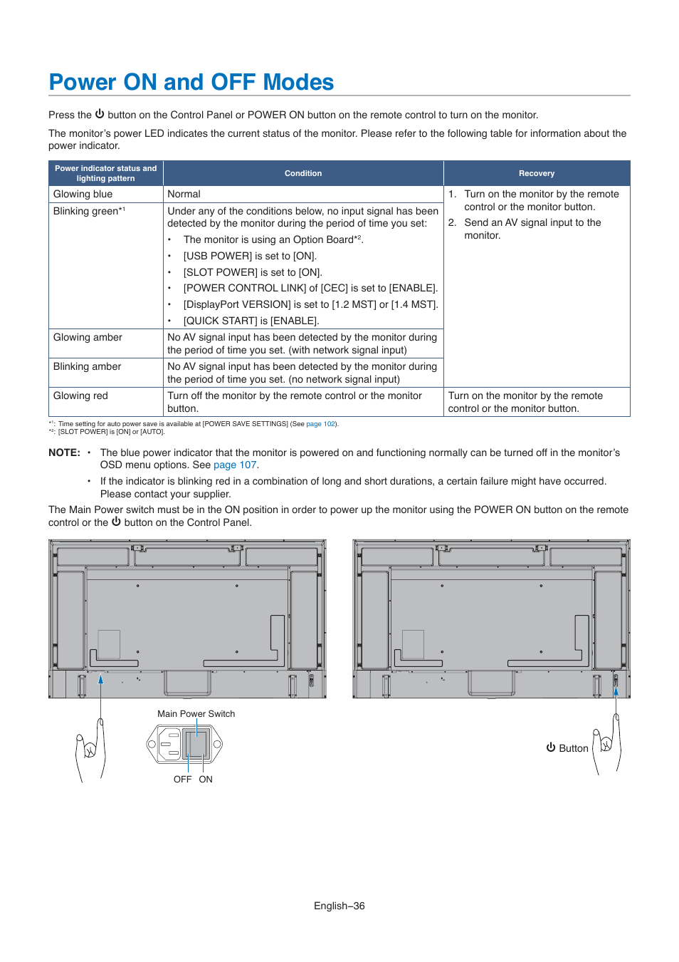 Power on and off modes | NEC M861 86" UHD 4K HDR Commercial Monitor User Manual | Page 40 / 114