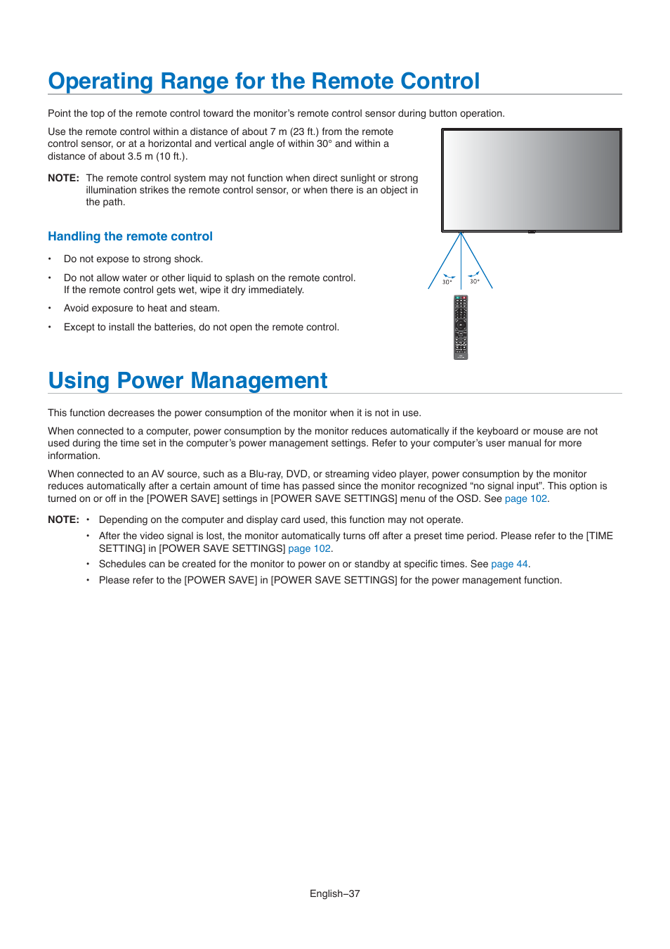 Operating range for the remote control, Using power management | NEC M861 86" UHD 4K HDR Commercial Monitor User Manual | Page 41 / 114