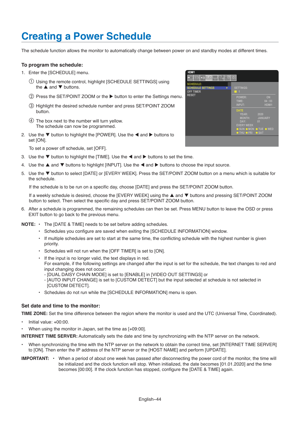 Creating a power schedule | NEC M861 86" UHD 4K HDR Commercial Monitor User Manual | Page 48 / 114