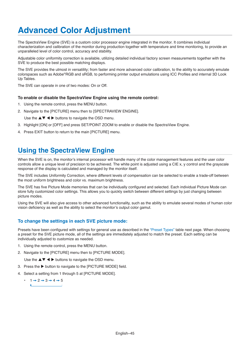 Advanced color adjustment, Using the spectraview engine | NEC M861 86" UHD 4K HDR Commercial Monitor User Manual | Page 49 / 114