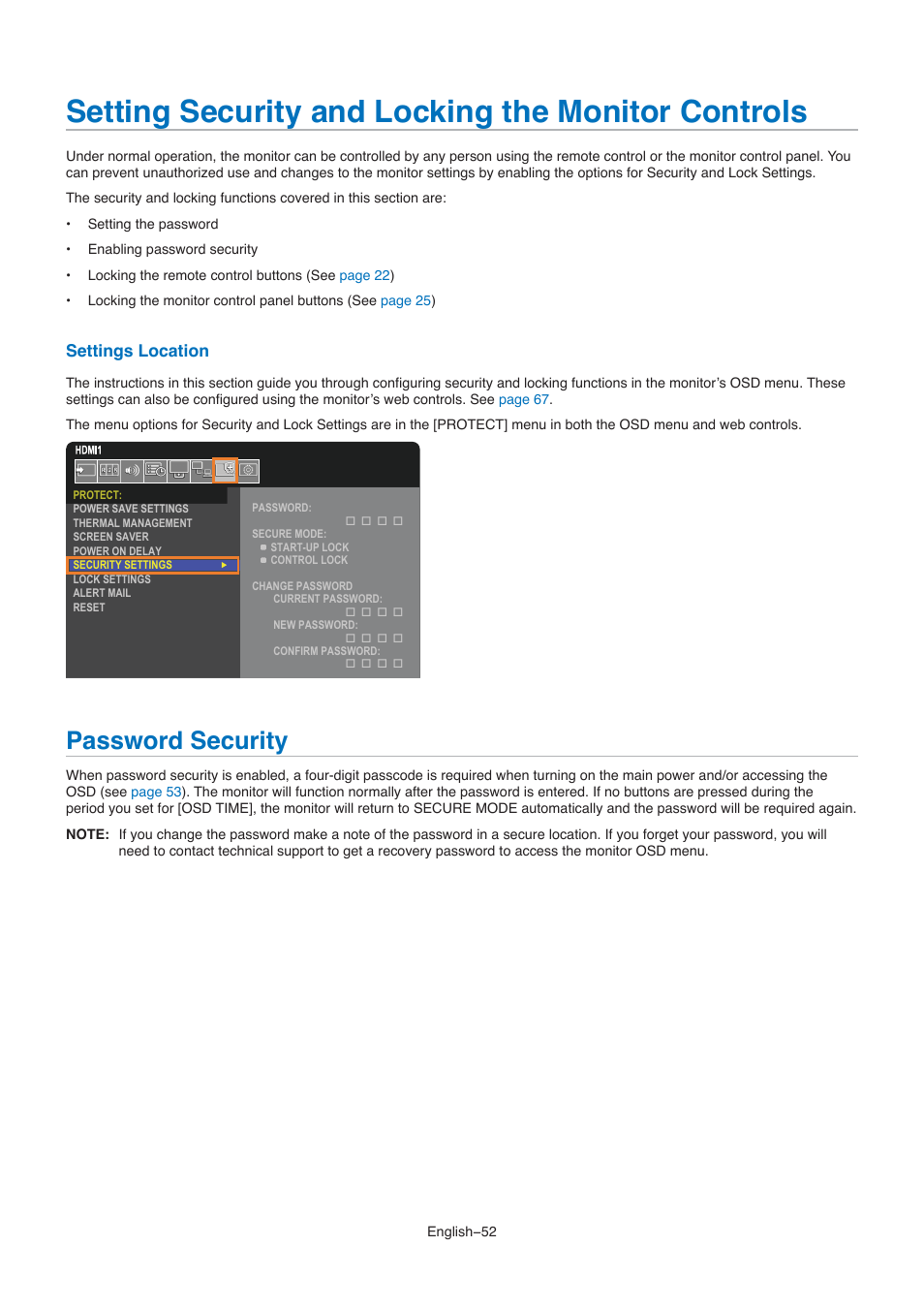 Setting security and locking the monitor controls, Password security, Settings location | NEC M861 86" UHD 4K HDR Commercial Monitor User Manual | Page 56 / 114