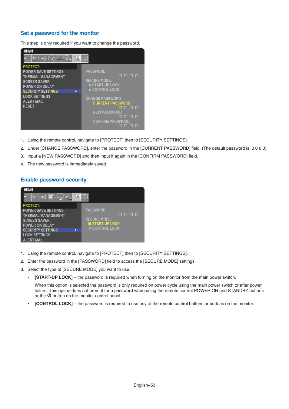 Osd (see, Set a password for the monitor, Enable password security | NEC M861 86" UHD 4K HDR Commercial Monitor User Manual | Page 57 / 114