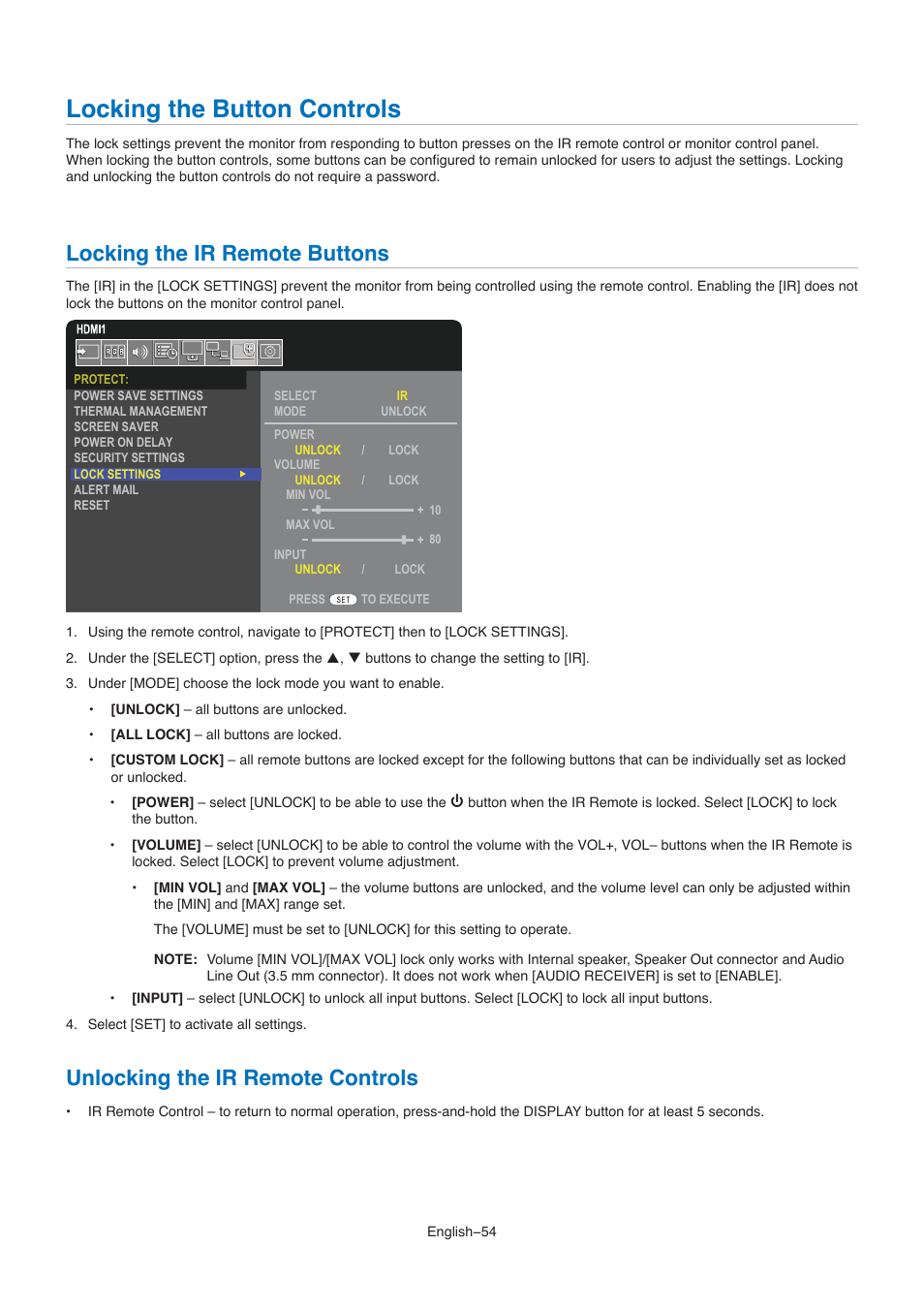 Locking the button controls, Locking the ir remote buttons, Unlocking the ir remote controls | NEC M861 86" UHD 4K HDR Commercial Monitor User Manual | Page 58 / 114