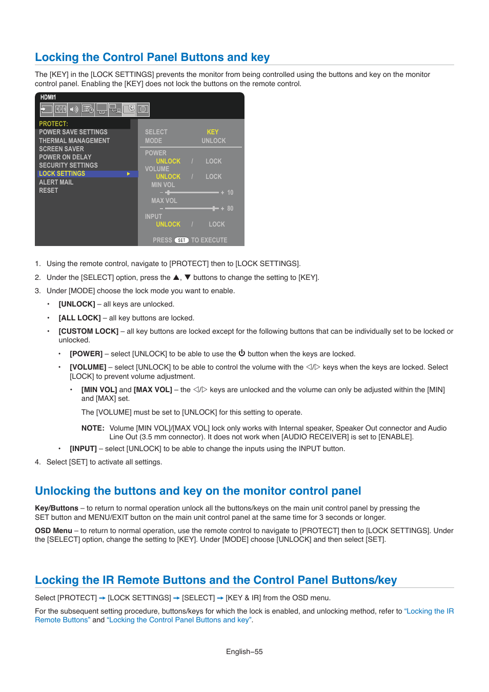 Locking the control panel buttons and key | NEC M861 86" UHD 4K HDR Commercial Monitor User Manual | Page 59 / 114