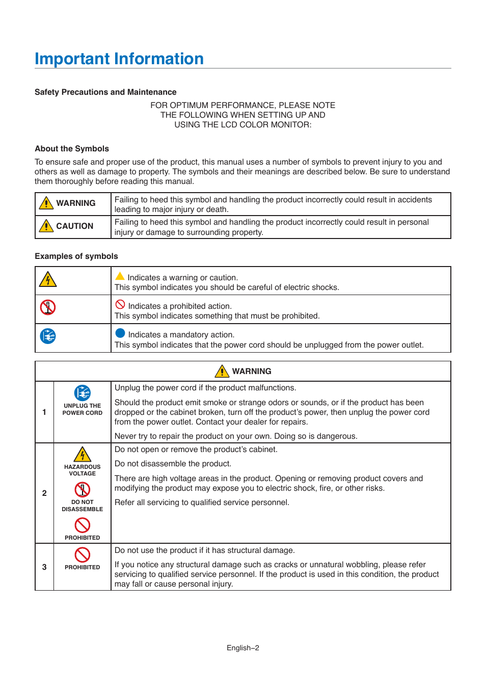 Important information | NEC M861 86" UHD 4K HDR Commercial Monitor User Manual | Page 6 / 114