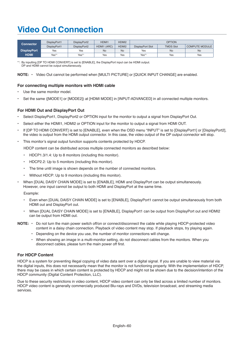 Video out connection, Ideo out. see, Video out | For connecting multiple monitors with hdmi cable, For hdmi out and displayport out, For hdcp content | NEC M861 86" UHD 4K HDR Commercial Monitor User Manual | Page 64 / 114