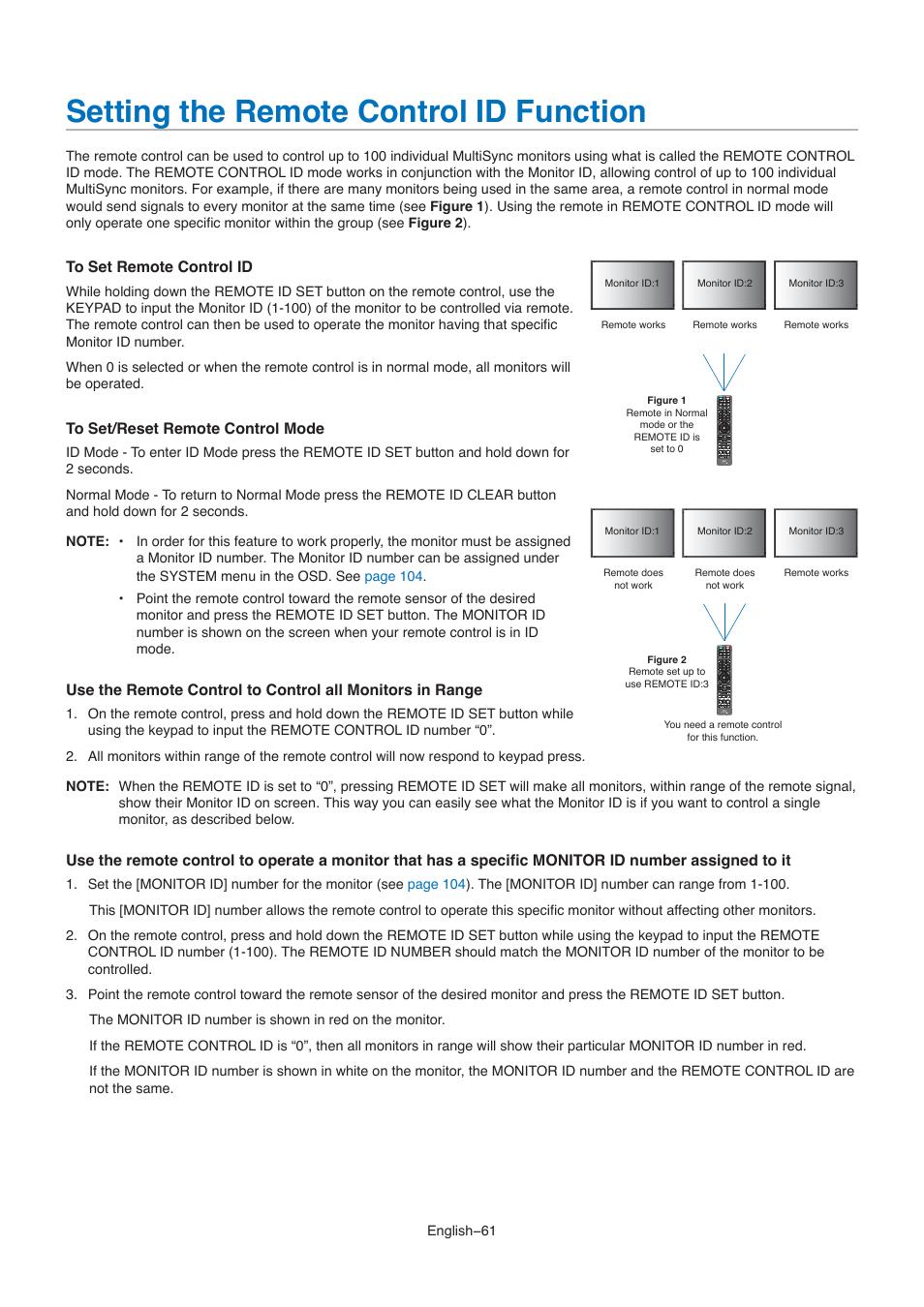 Setting the remote control id function | NEC M861 86" UHD 4K HDR Commercial Monitor User Manual | Page 65 / 114