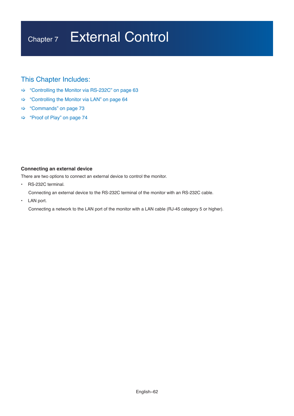 External control, Chapter 7, This chapter includes | NEC M861 86" UHD 4K HDR Commercial Monitor User Manual | Page 66 / 114