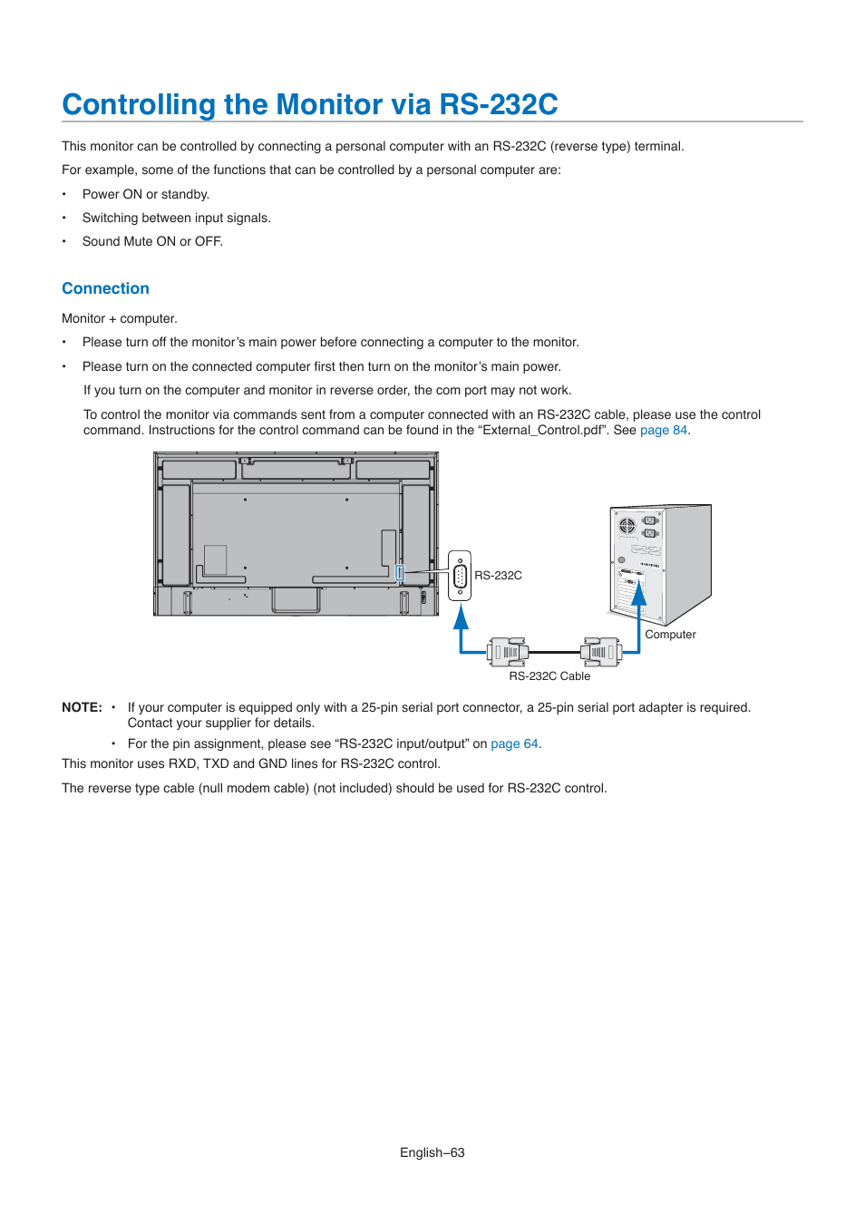 Controlling the monitor via rs-232c | NEC M861 86" UHD 4K HDR Commercial Monitor User Manual | Page 67 / 114