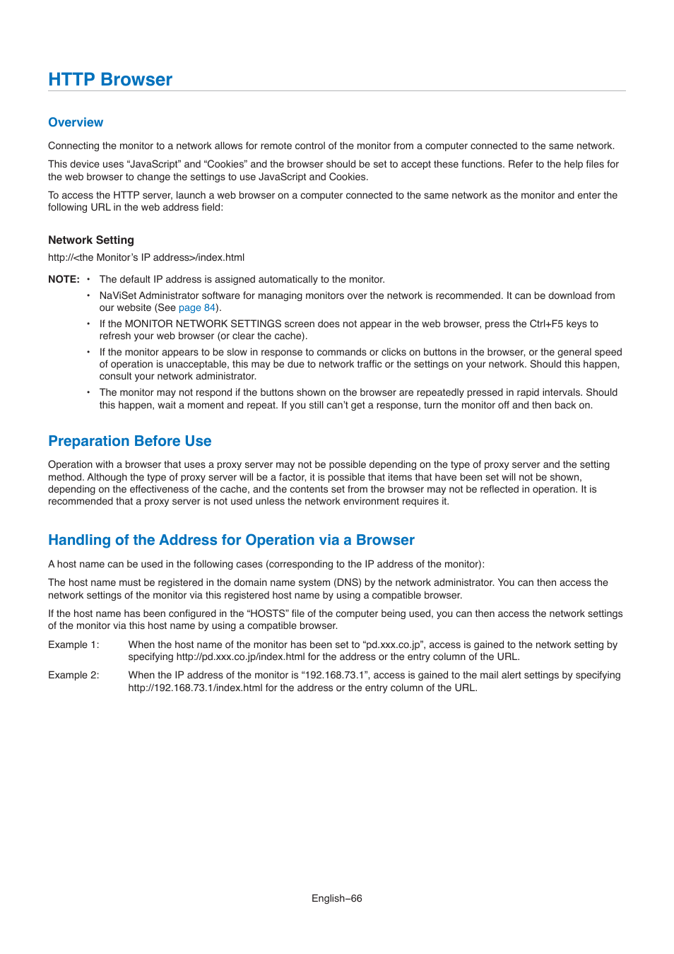 Http browser, Preparation before use | NEC M861 86" UHD 4K HDR Commercial Monitor User Manual | Page 70 / 114