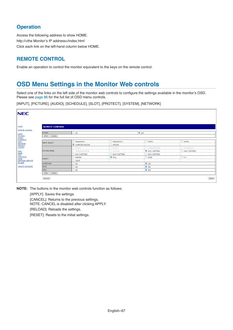 Osd menu settings in the monitor web controls, Operation, Remote control | NEC M861 86" UHD 4K HDR Commercial Monitor User Manual | Page 71 / 114