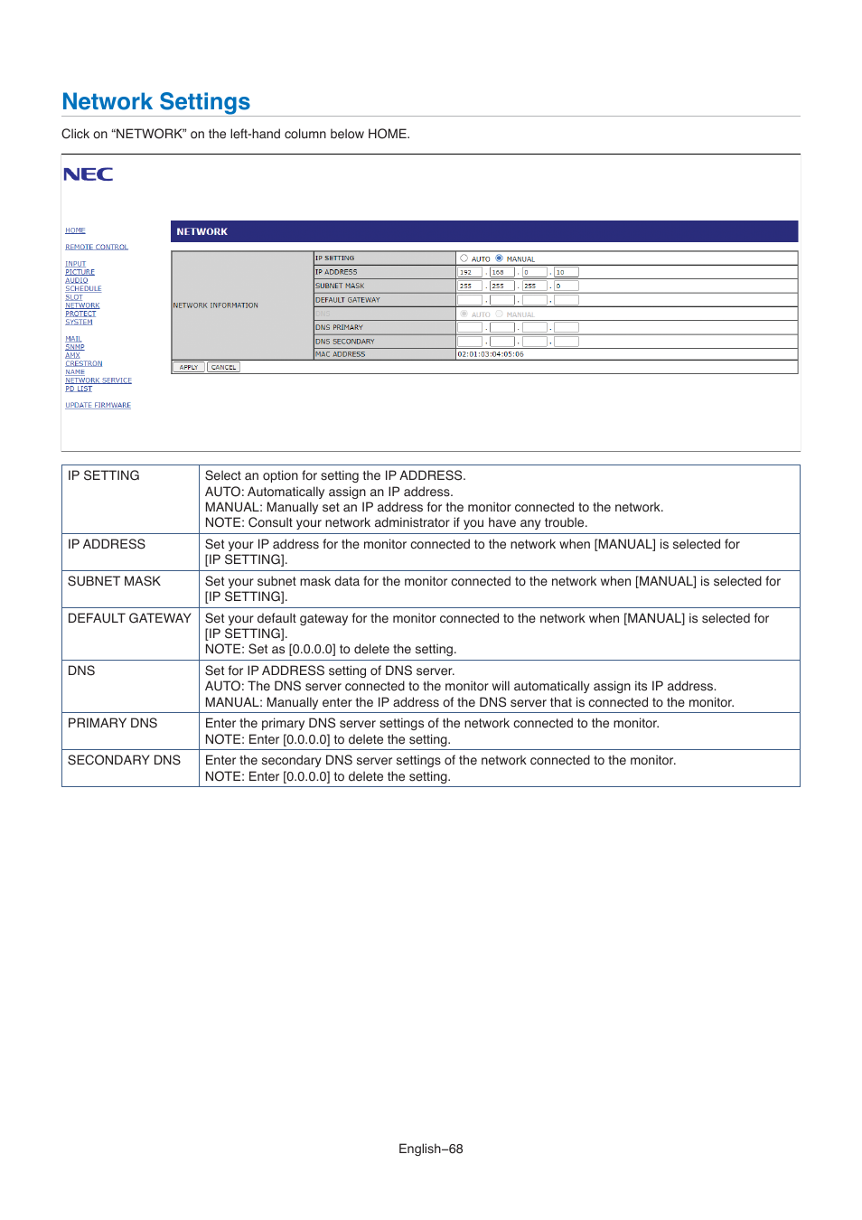 Network settings | NEC M861 86" UHD 4K HDR Commercial Monitor User Manual | Page 72 / 114