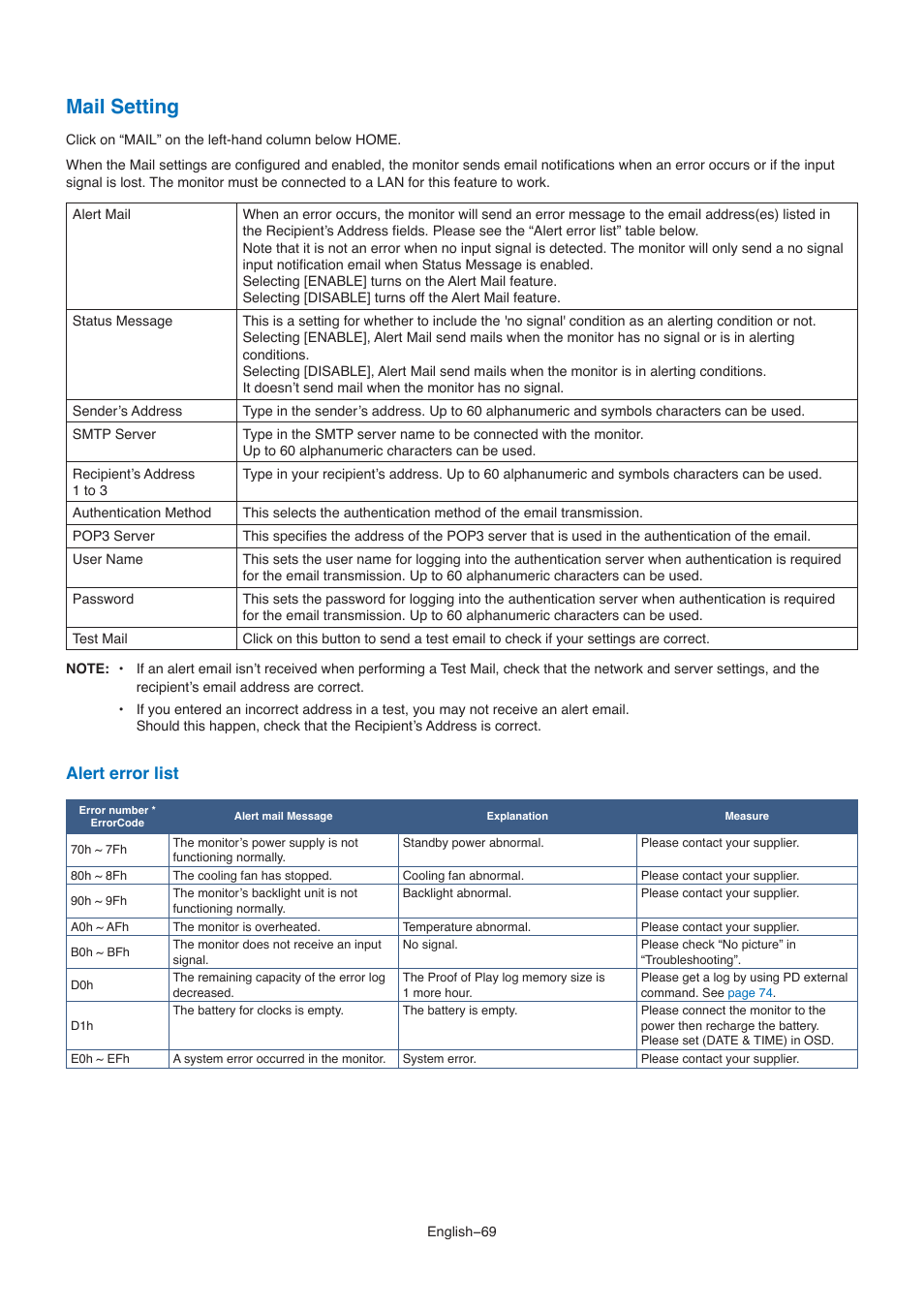 Mail setting, Alert error list | NEC M861 86" UHD 4K HDR Commercial Monitor User Manual | Page 73 / 114