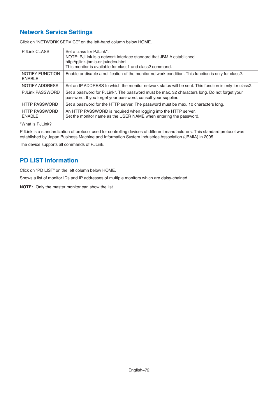 Network service settings, Pd list information | NEC M861 86" UHD 4K HDR Commercial Monitor User Manual | Page 76 / 114