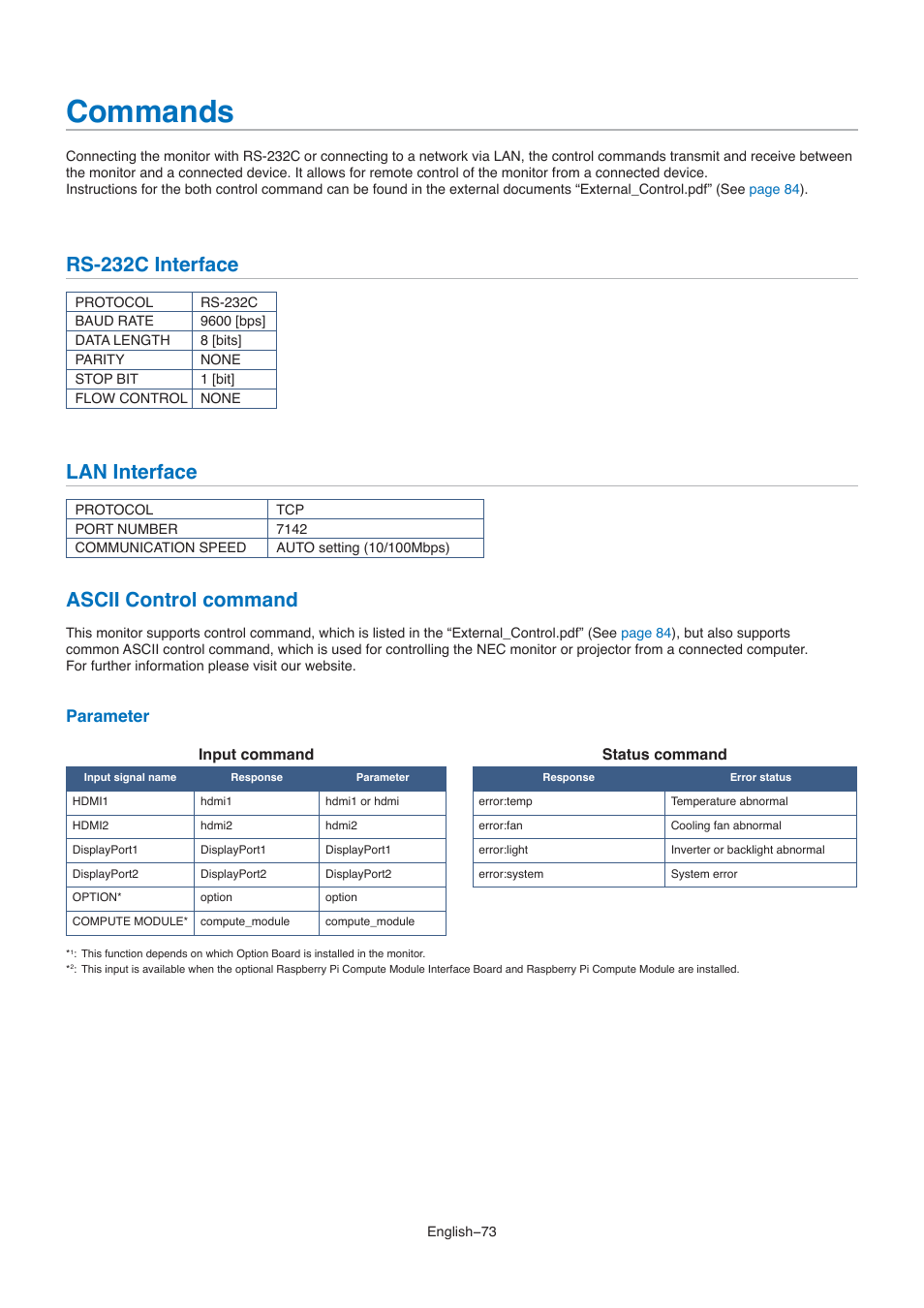 Commands, Rs-232c interface, Lan interface | Ascii control command, Parameter | NEC M861 86" UHD 4K HDR Commercial Monitor User Manual | Page 77 / 114