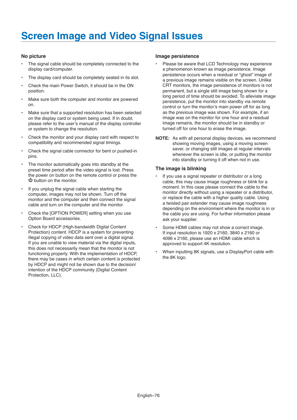 Screen image and video signal issues | NEC M861 86" UHD 4K HDR Commercial Monitor User Manual | Page 80 / 114