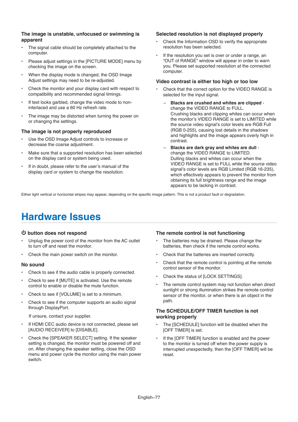 Hardware issues | NEC M861 86" UHD 4K HDR Commercial Monitor User Manual | Page 81 / 114