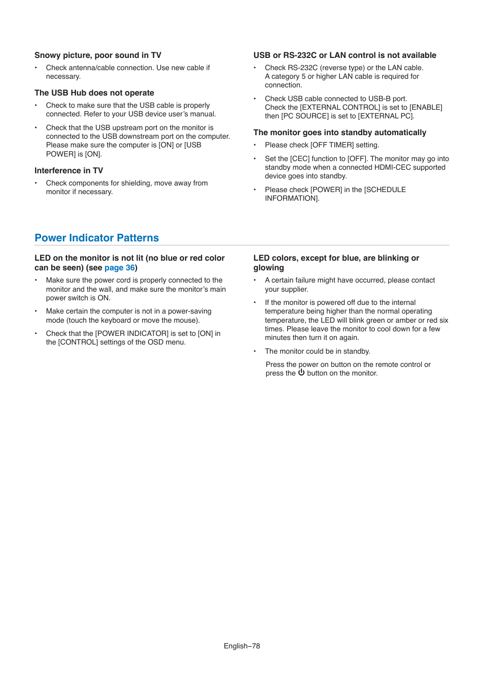 Power indicator patterns | NEC M861 86" UHD 4K HDR Commercial Monitor User Manual | Page 82 / 114