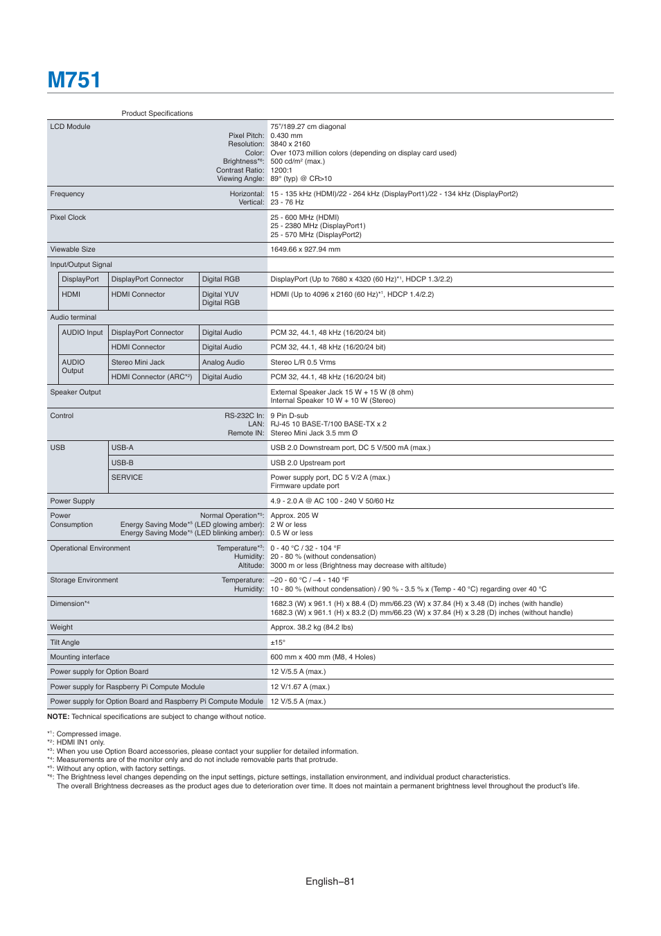 M751, Specification (see, English−81 | NEC M861 86" UHD 4K HDR Commercial Monitor User Manual | Page 85 / 114