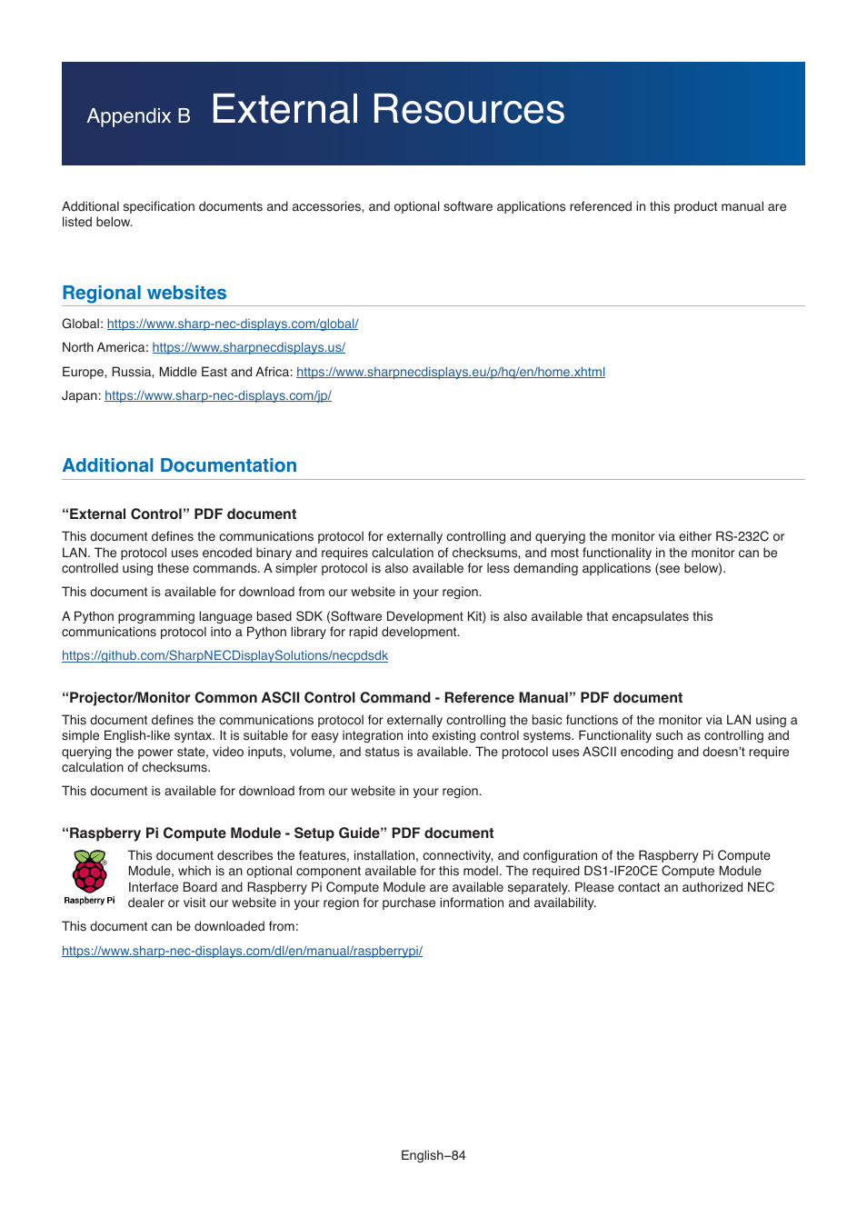 External resources, Yourself. see, Appendix b | Regional websites, Additional documentation | NEC M861 86" UHD 4K HDR Commercial Monitor User Manual | Page 88 / 114