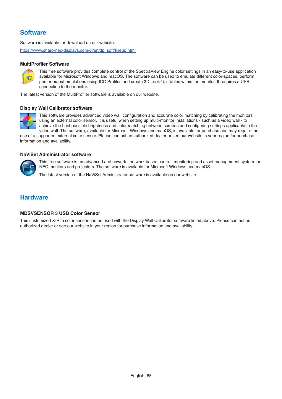 Software, Hardware | NEC M861 86" UHD 4K HDR Commercial Monitor User Manual | Page 89 / 114