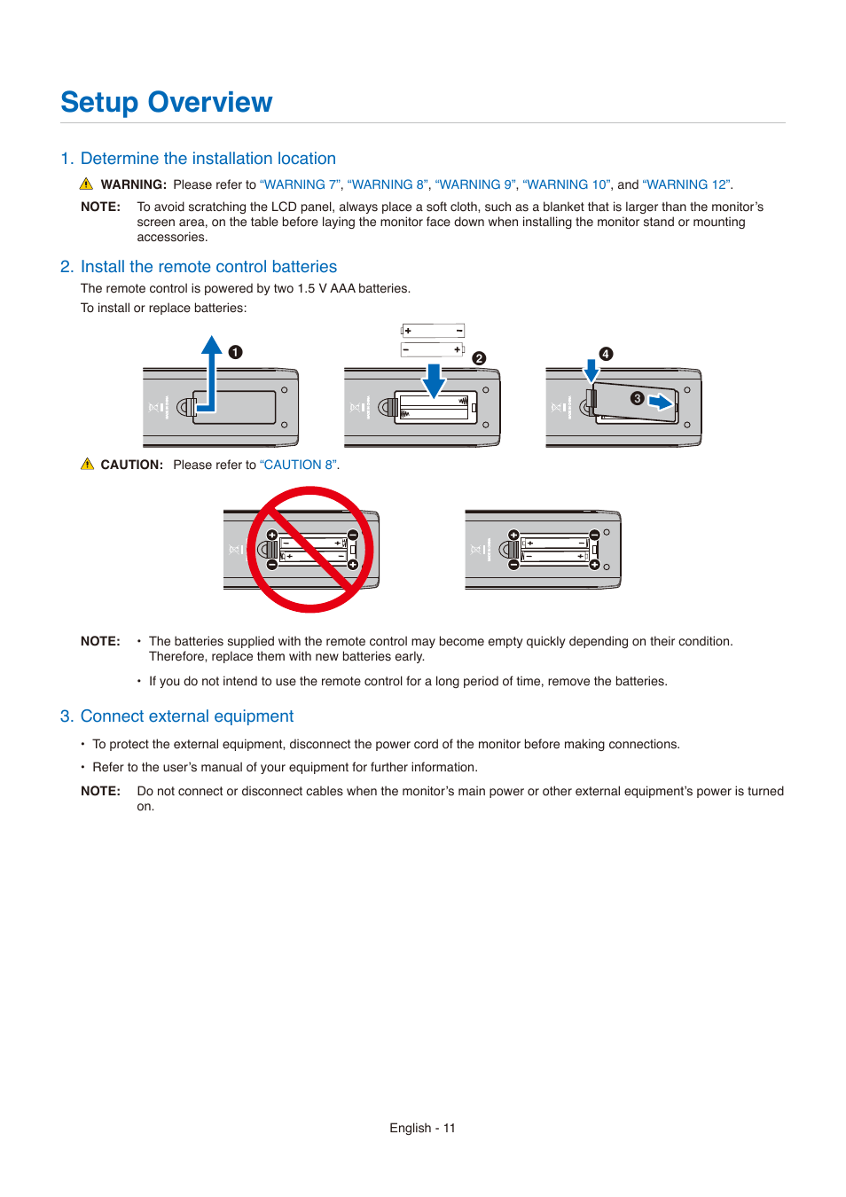 Setup overview, Determine the installation location, Install the remote control batteries | Connect external equipment | NEC E558 55" Class 4K UHD Commercial LED TV User Manual | Page 14 / 90