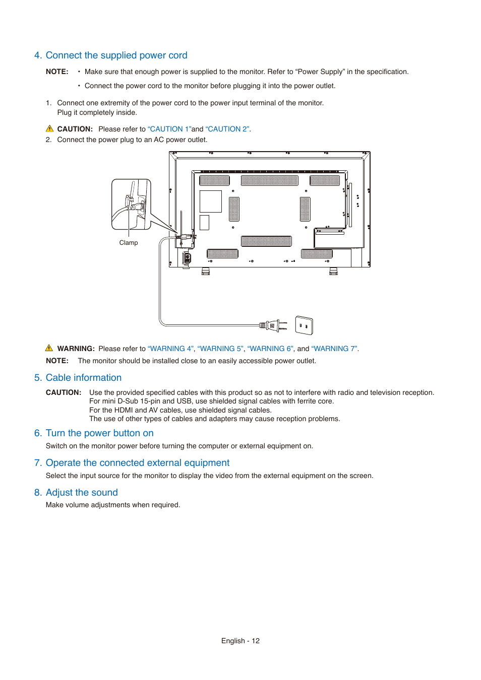 Connect the supplied power cord, Cable information, Turn the power button on | Operate the connected external equipment, Adjust the sound | NEC E558 55" Class 4K UHD Commercial LED TV User Manual | Page 15 / 90