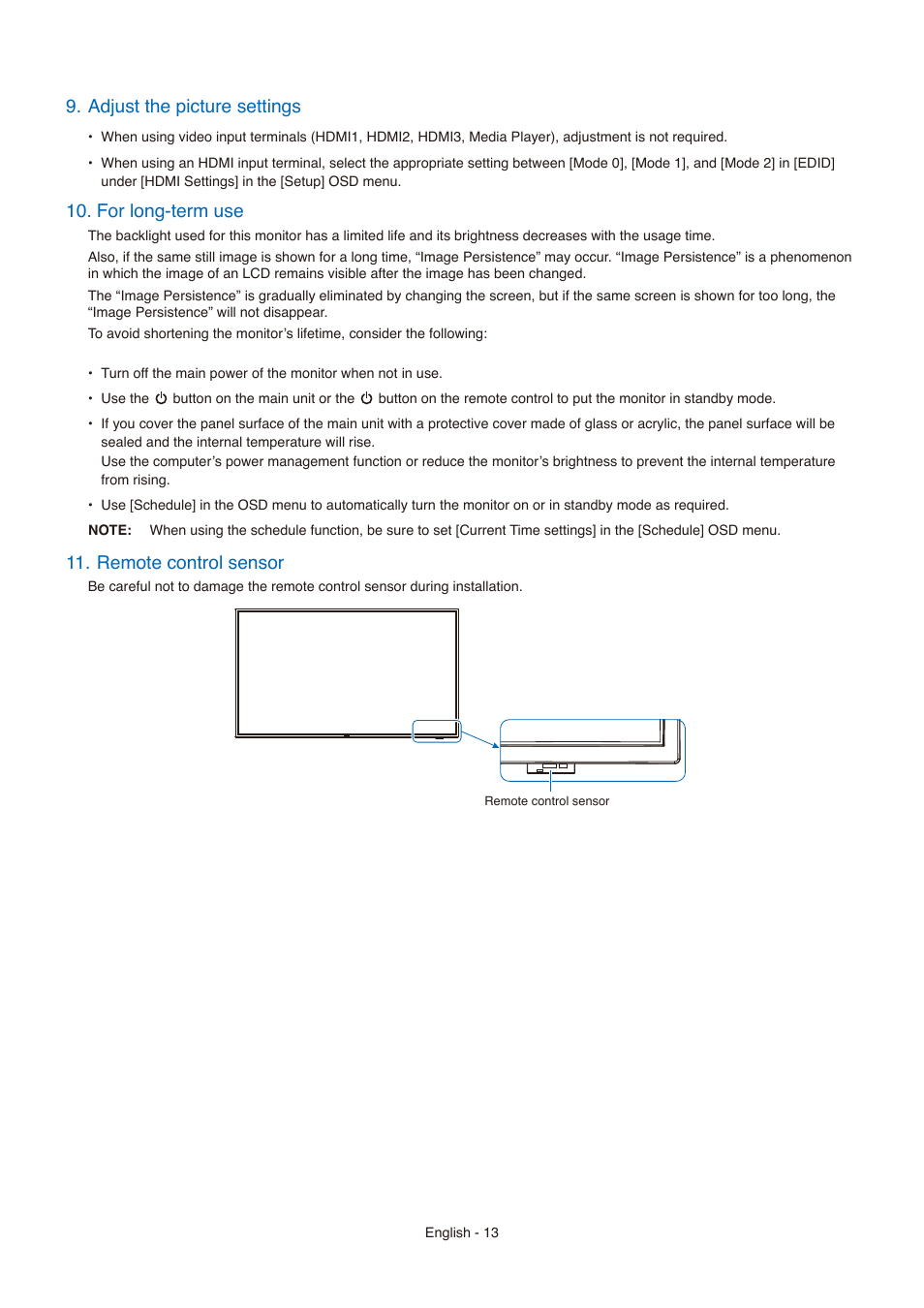 Adjust the picture settings, For long-term use, Remote control sensor | NEC E558 55" Class 4K UHD Commercial LED TV User Manual | Page 16 / 90