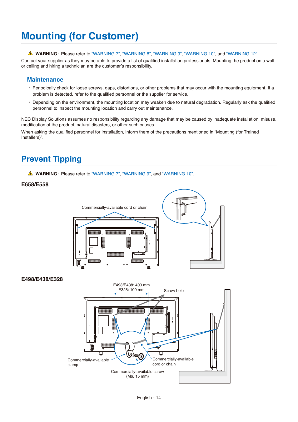 Mounting (for customer), Prevent tipping, Maintenance | NEC E558 55" Class 4K UHD Commercial LED TV User Manual | Page 17 / 90