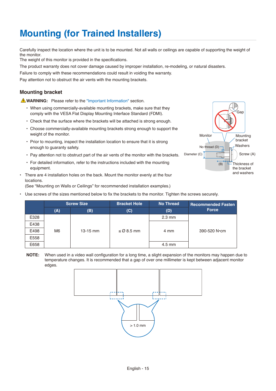 Mounting (for trained installers) | NEC E558 55" Class 4K UHD Commercial LED TV User Manual | Page 18 / 90