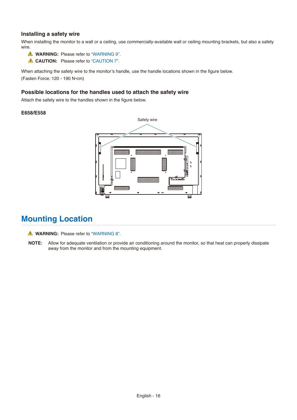 Mounting location | NEC E558 55" Class 4K UHD Commercial LED TV User Manual | Page 19 / 90