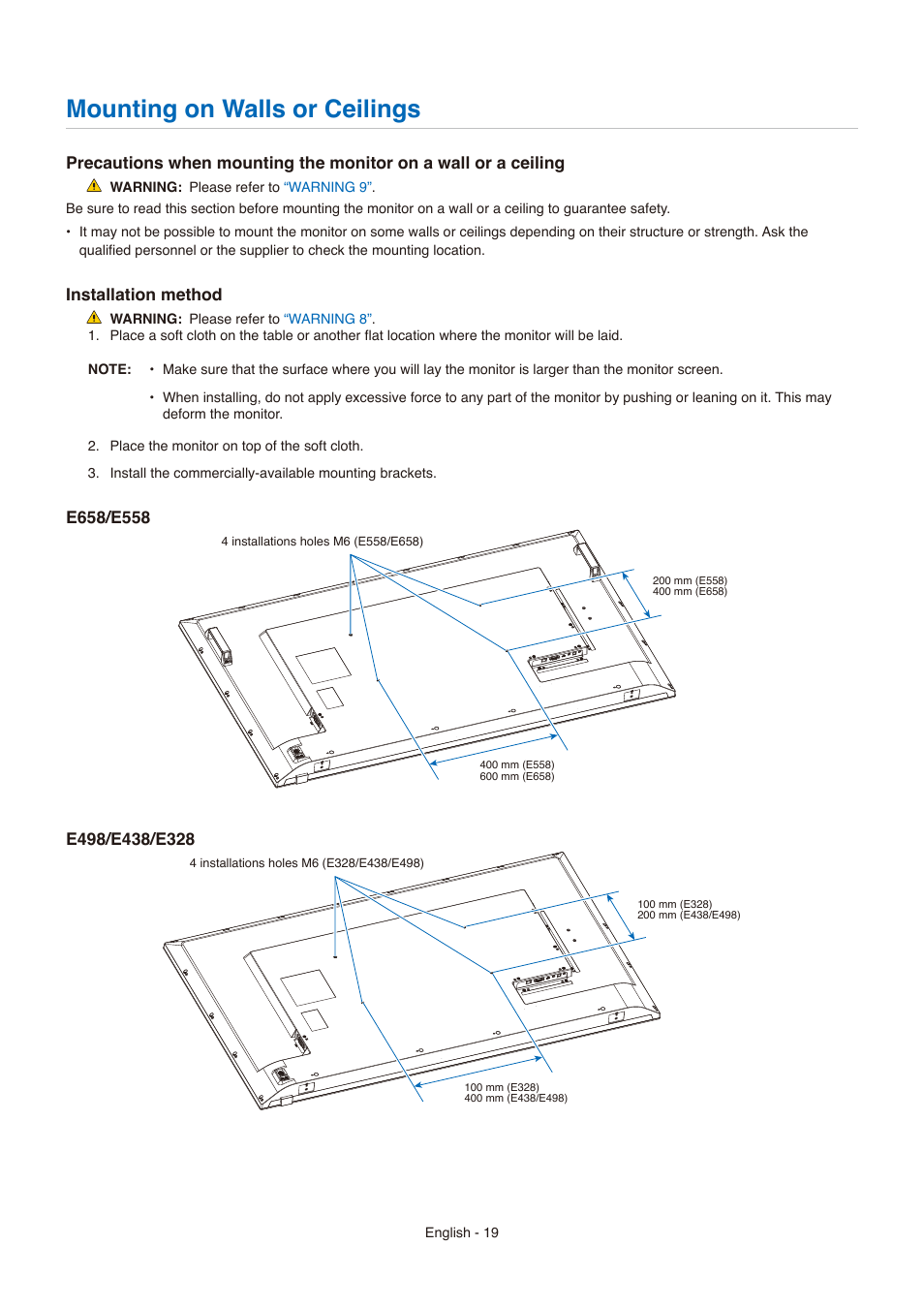 Mounting on walls or ceilings, Mounting on alls or ceilings | NEC E558 55" Class 4K UHD Commercial LED TV User Manual | Page 22 / 90