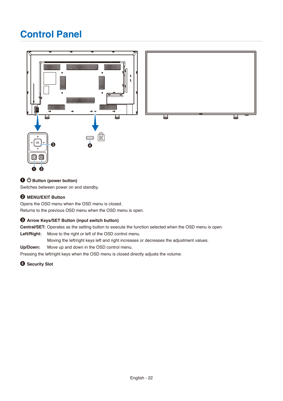 Control panel | NEC E558 55" Class 4K UHD Commercial LED TV User Manual | Page 25 / 90