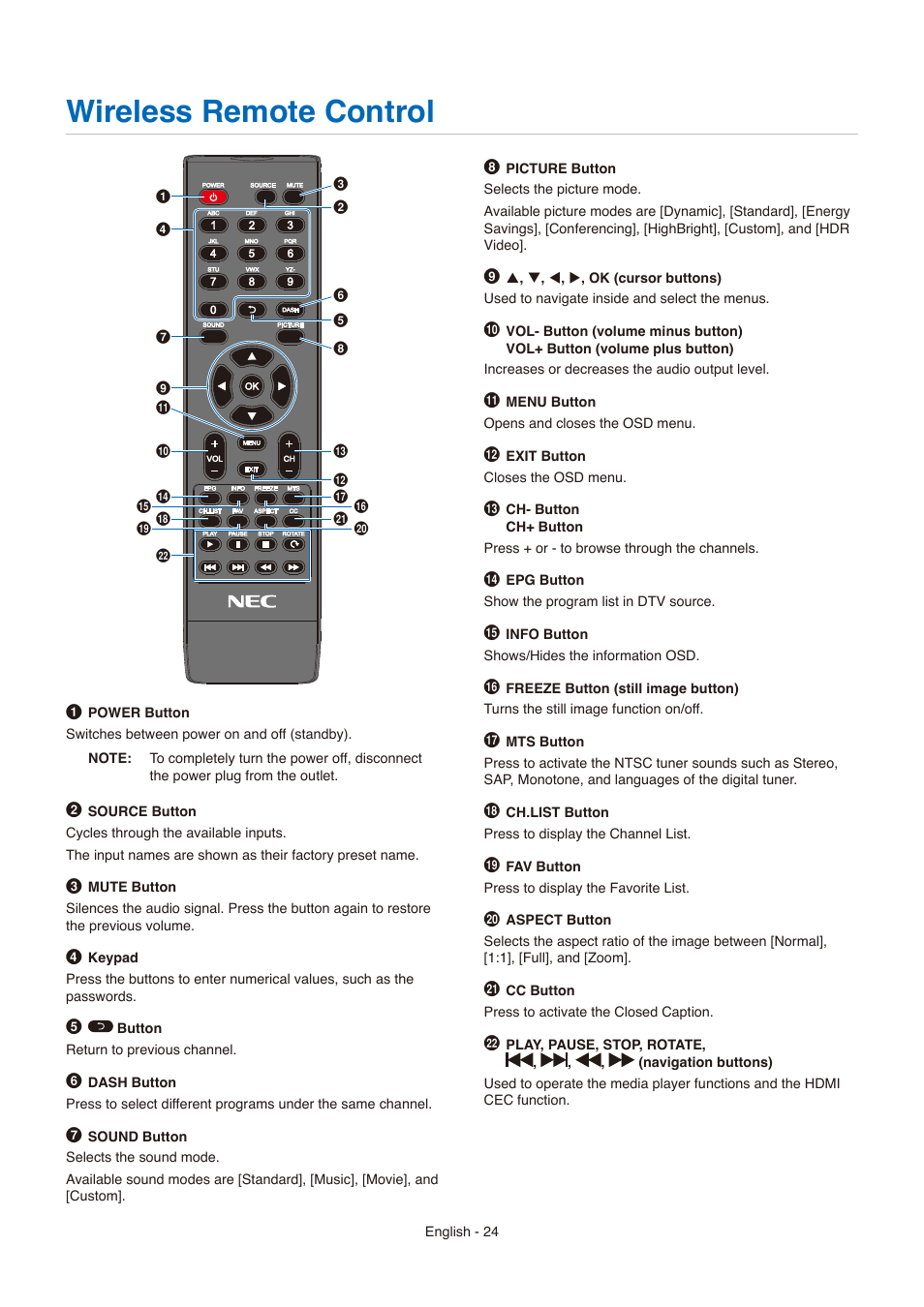 Wireless remote control, Ireless remote control | NEC E558 55" Class 4K UHD Commercial LED TV User Manual | Page 27 / 90