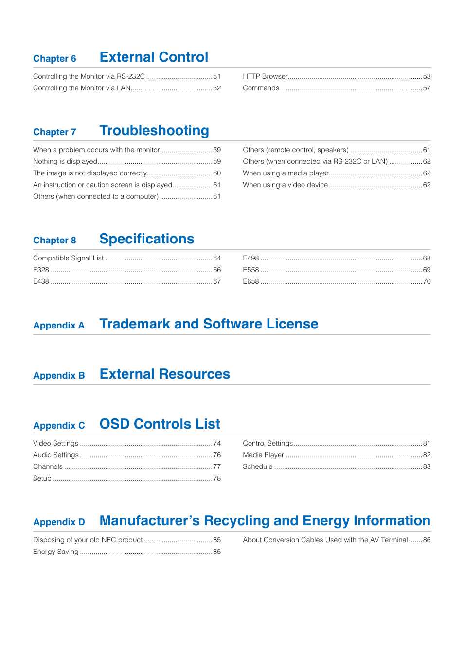 External control, Troubleshooting, Specifications | Trademark and software license, External resources, Osd controls list, Manufacturer’s recycling and energy information | NEC E558 55" Class 4K UHD Commercial LED TV User Manual | Page 3 / 90