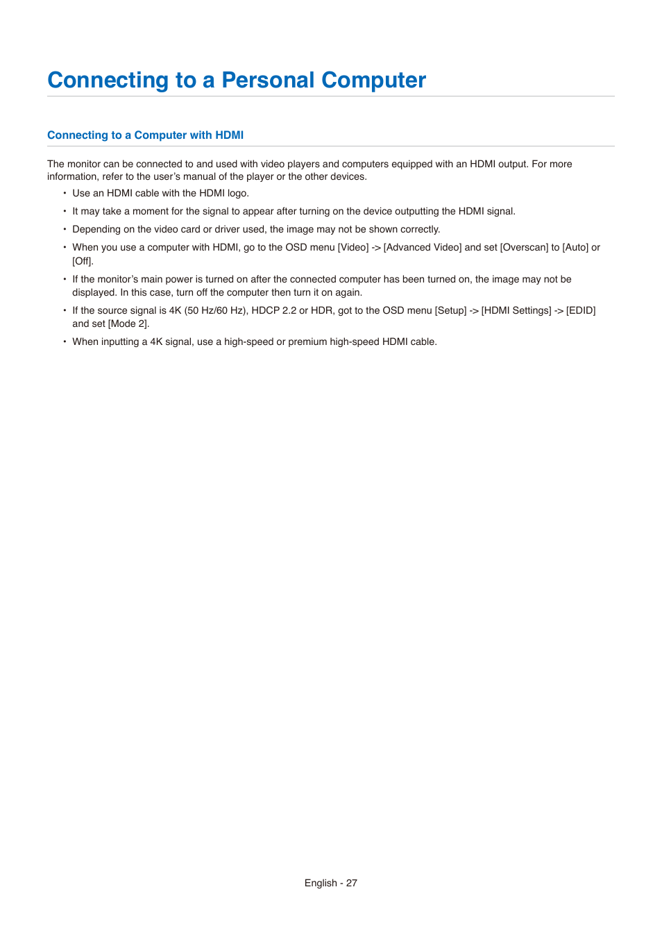 Connecting to a personal computer | NEC E558 55" Class 4K UHD Commercial LED TV User Manual | Page 30 / 90