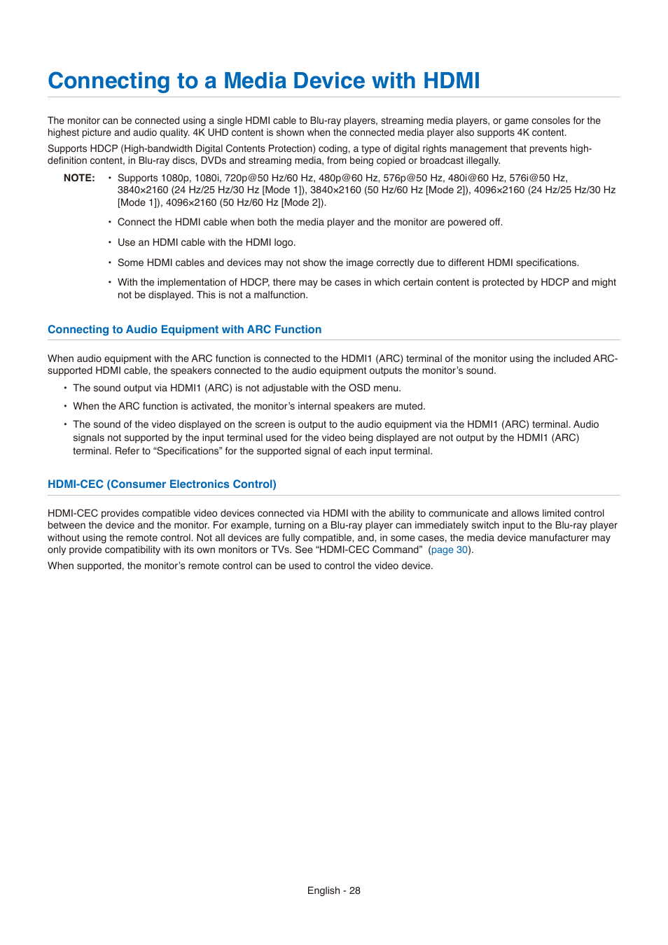 Connecting to a media device with hdmi | NEC E558 55" Class 4K UHD Commercial LED TV User Manual | Page 31 / 90