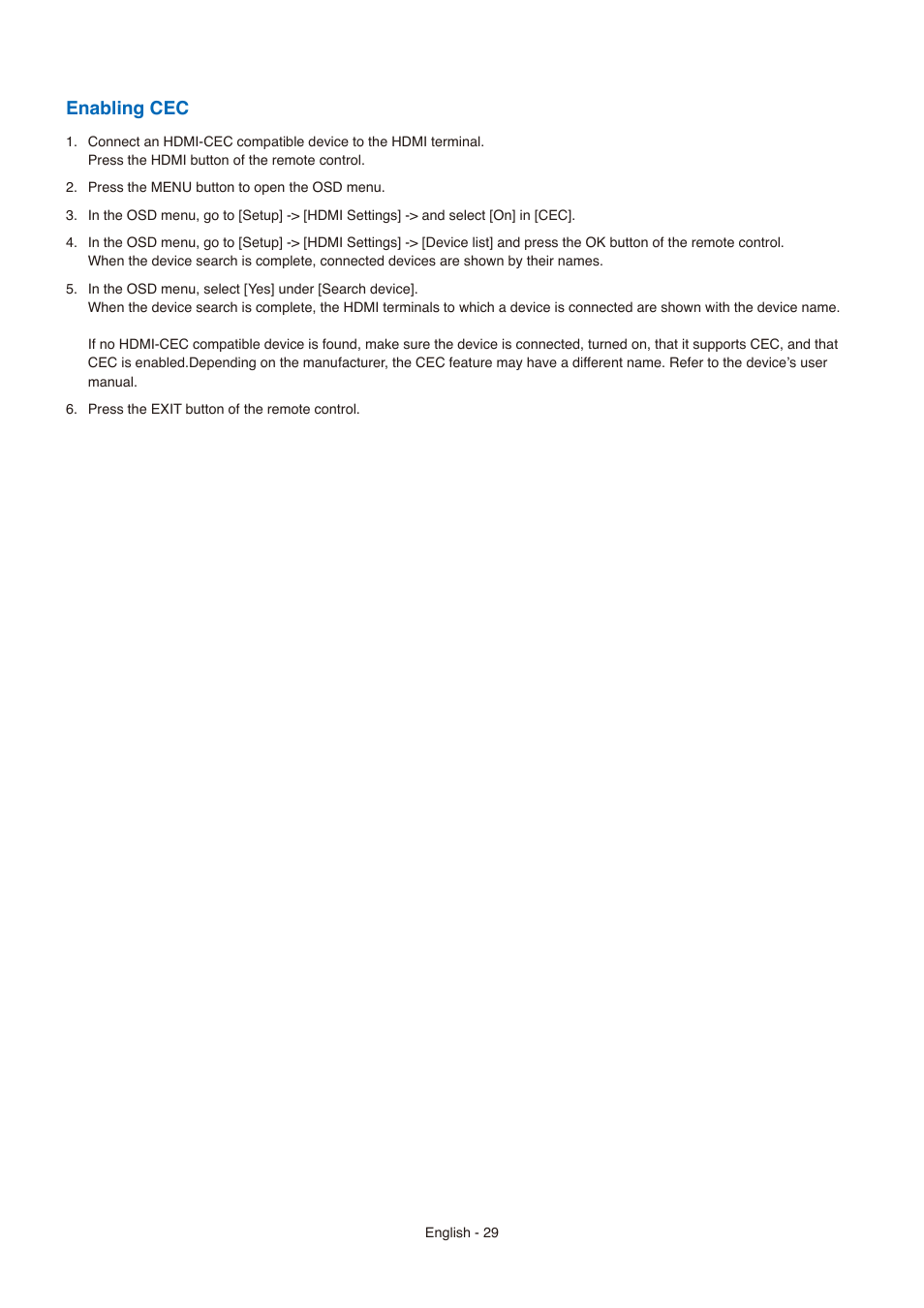 Enabling cec | NEC E558 55" Class 4K UHD Commercial LED TV User Manual | Page 32 / 90