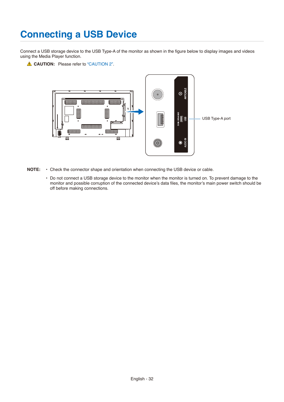 Connecting a usb device | NEC E558 55" Class 4K UHD Commercial LED TV User Manual | Page 35 / 90