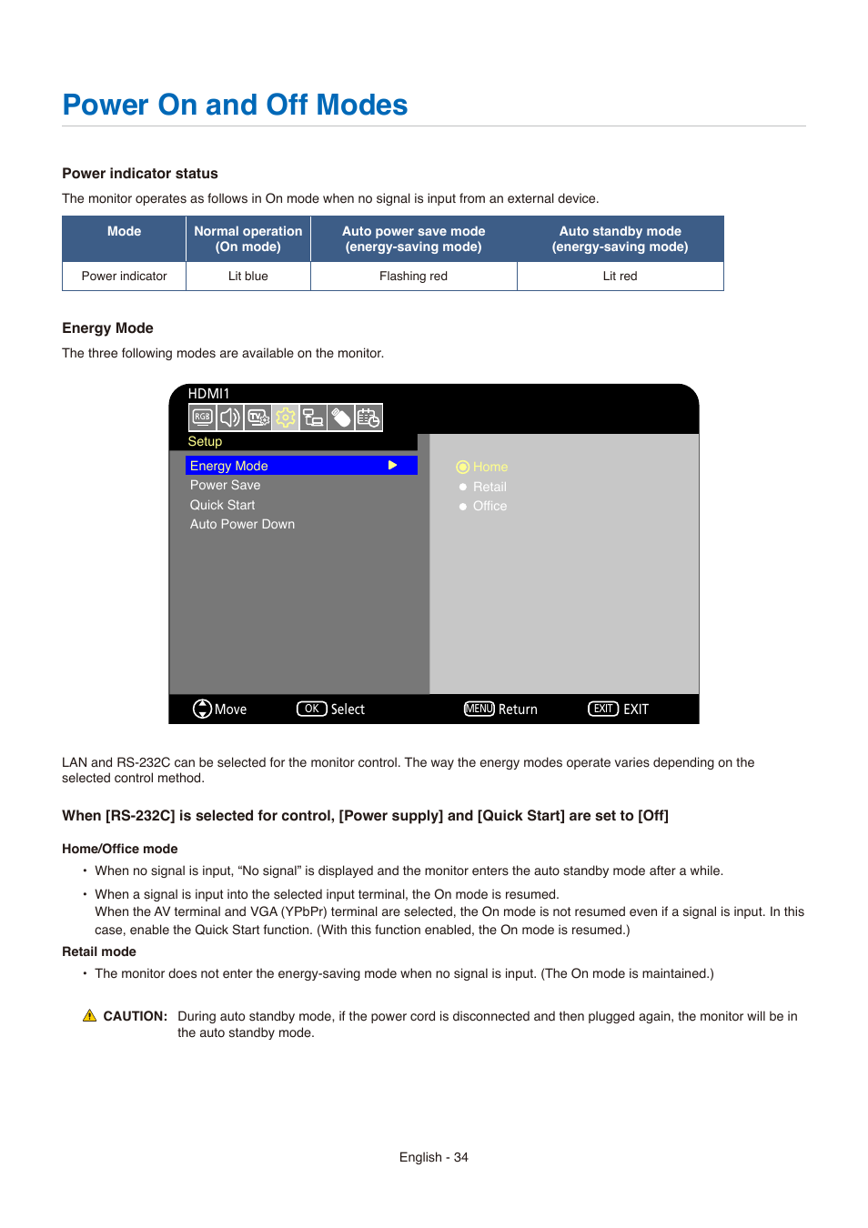 Power on and off modes, Power indicator status, Energy mode | NEC E558 55" Class 4K UHD Commercial LED TV User Manual | Page 37 / 90