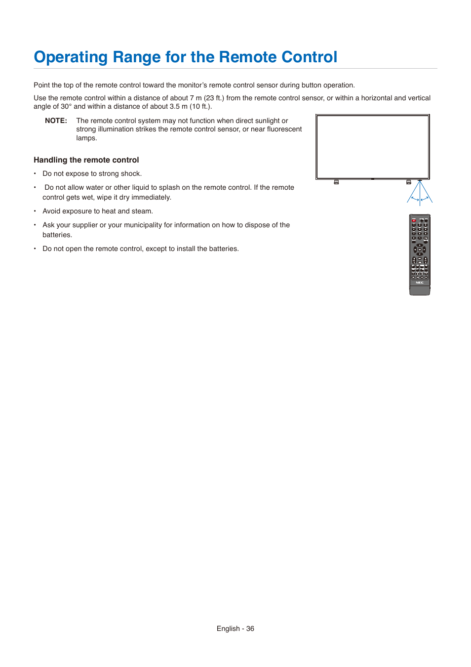 Operating range for the remote control | NEC E558 55" Class 4K UHD Commercial LED TV User Manual | Page 39 / 90