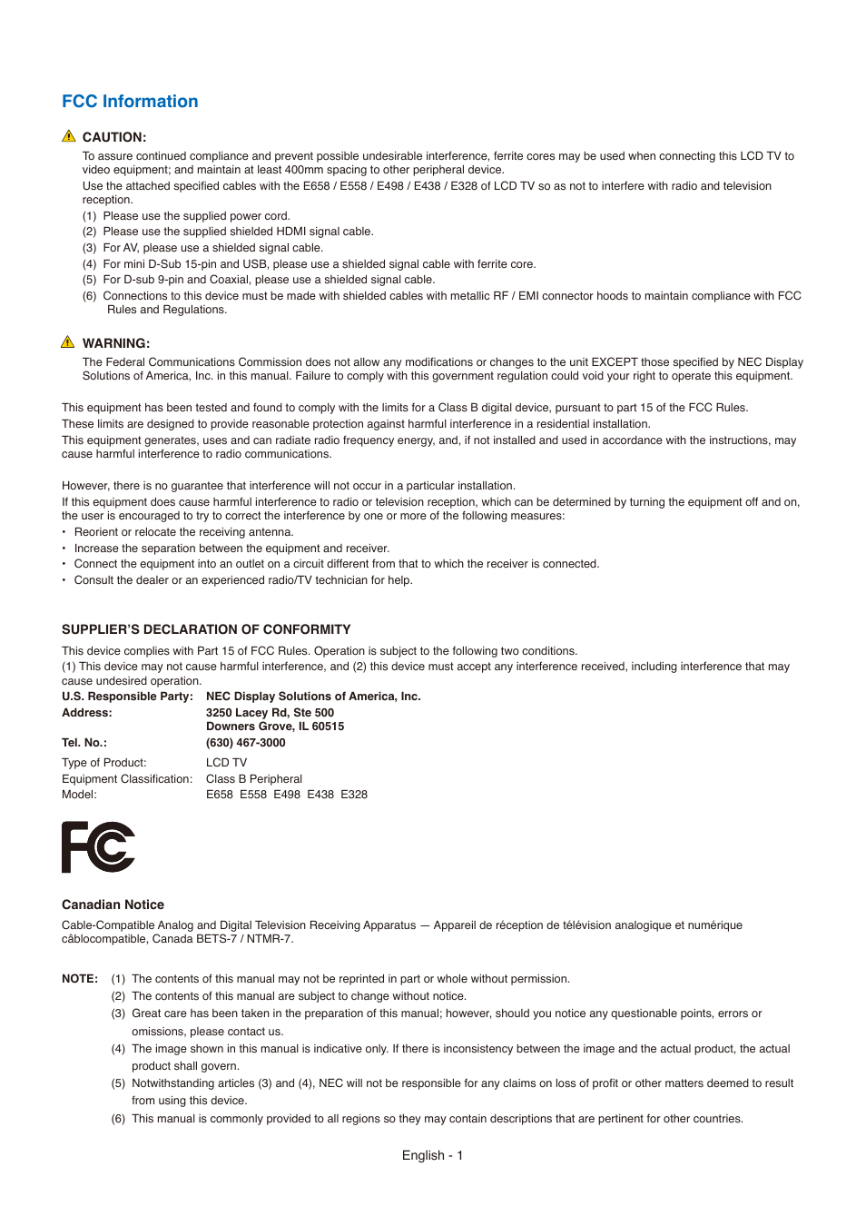 Fcc information | NEC E558 55" Class 4K UHD Commercial LED TV User Manual | Page 4 / 90