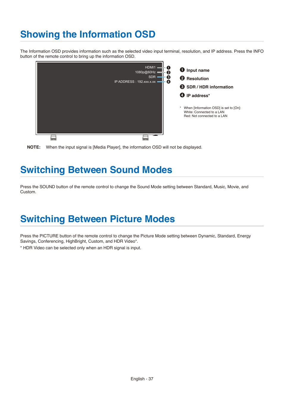 Showing the information osd, Switching between sound modes, Switching between picture modes | NEC E558 55" Class 4K UHD Commercial LED TV User Manual | Page 40 / 90