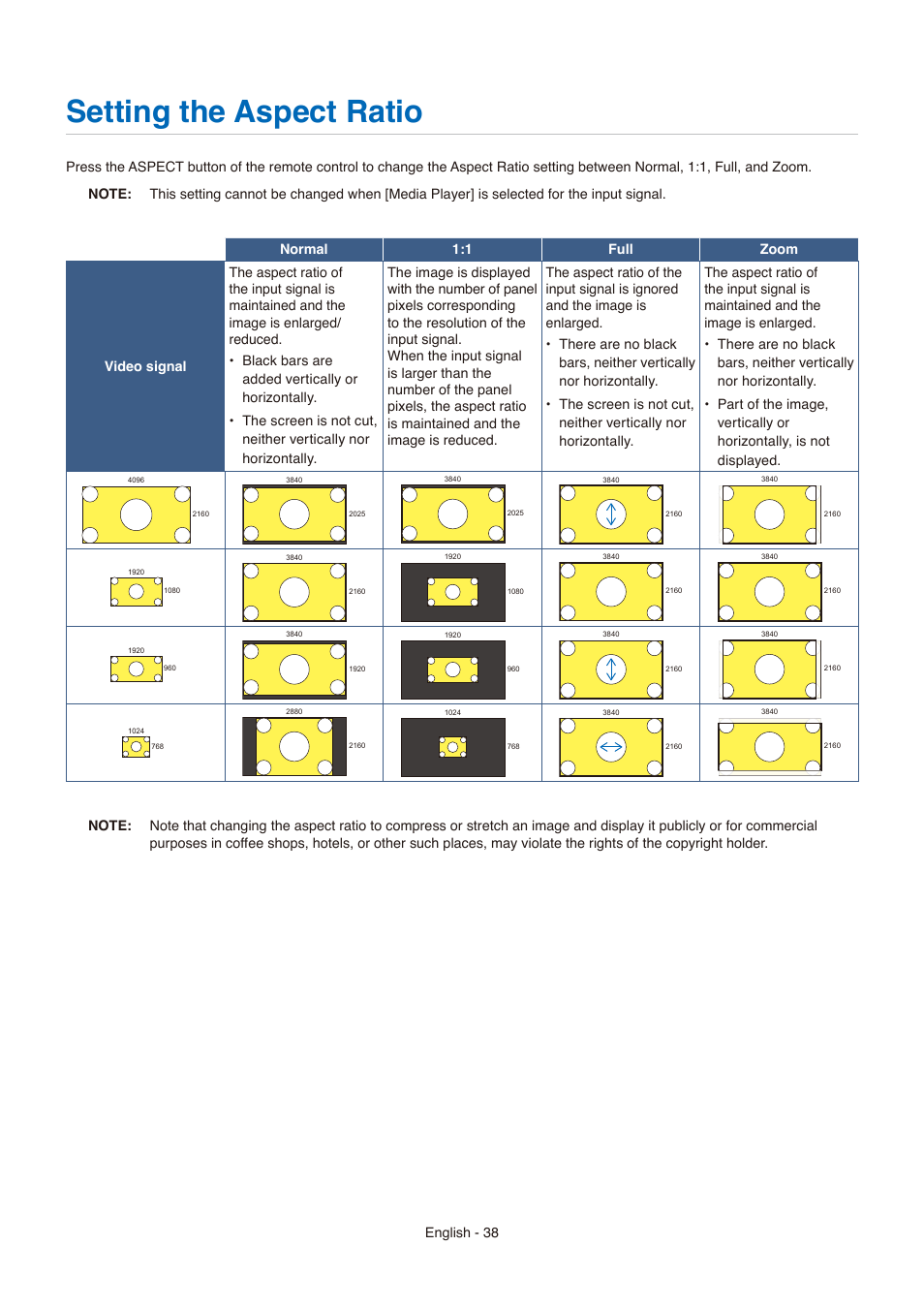 Setting the aspect ratio, English - 38 | NEC E558 55" Class 4K UHD Commercial LED TV User Manual | Page 41 / 90