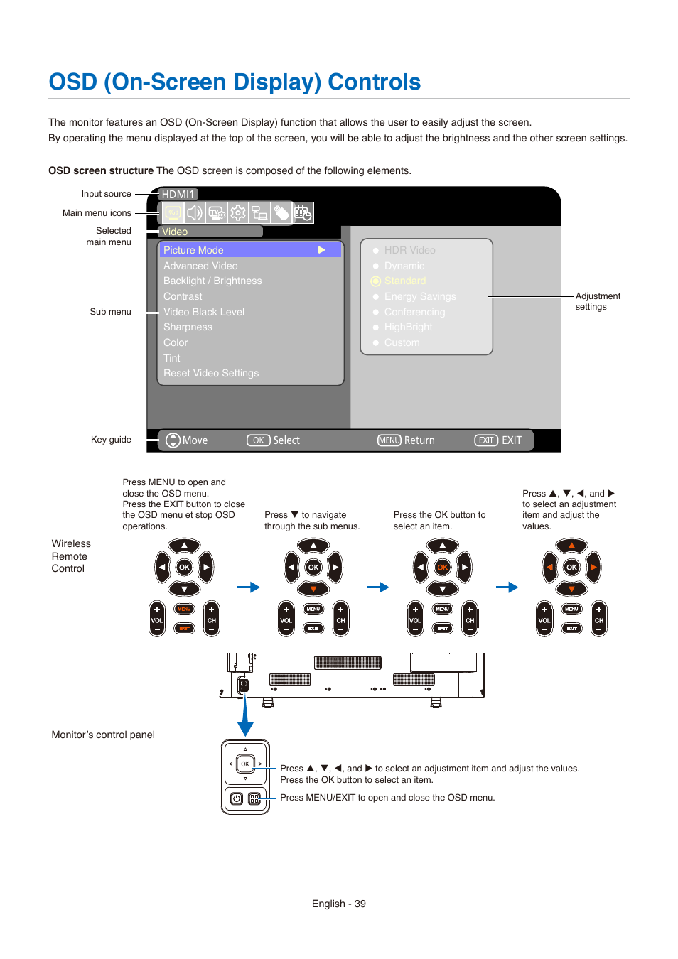 Osd (on-screen display) controls | NEC E558 55" Class 4K UHD Commercial LED TV User Manual | Page 42 / 90