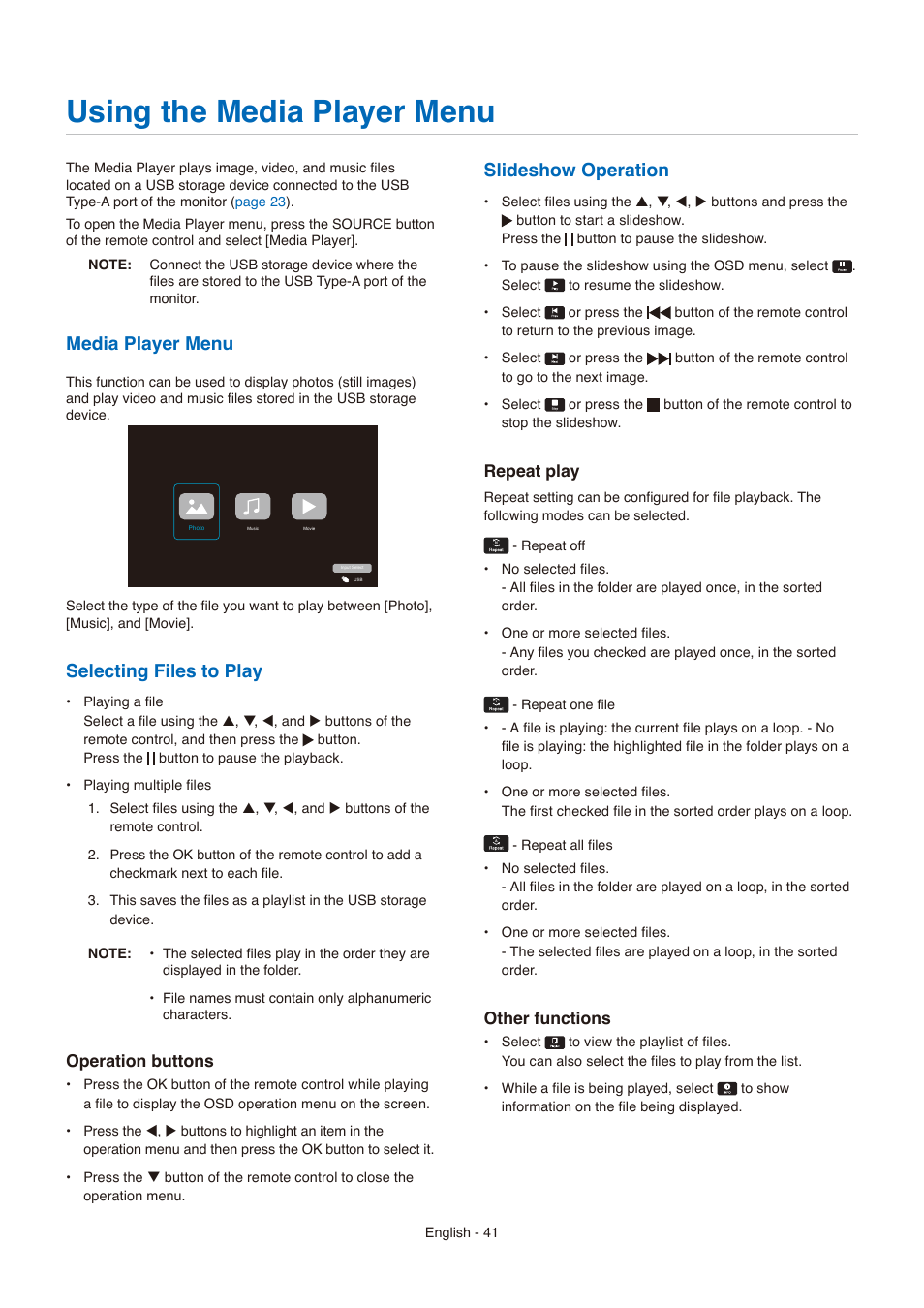 Using the media player menu, Media player menu, Selecting files to play | Slideshow operation | NEC E558 55" Class 4K UHD Commercial LED TV User Manual | Page 44 / 90