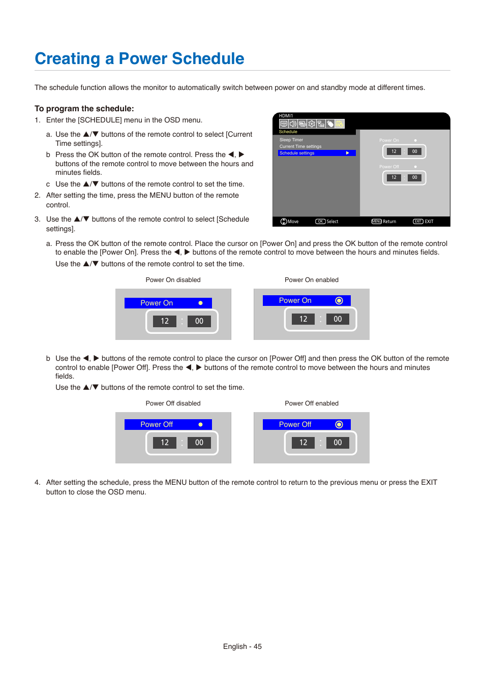 Creating a power schedule | NEC E558 55" Class 4K UHD Commercial LED TV User Manual | Page 48 / 90