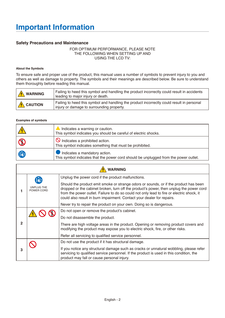 Important information | NEC E558 55" Class 4K UHD Commercial LED TV User Manual | Page 5 / 90