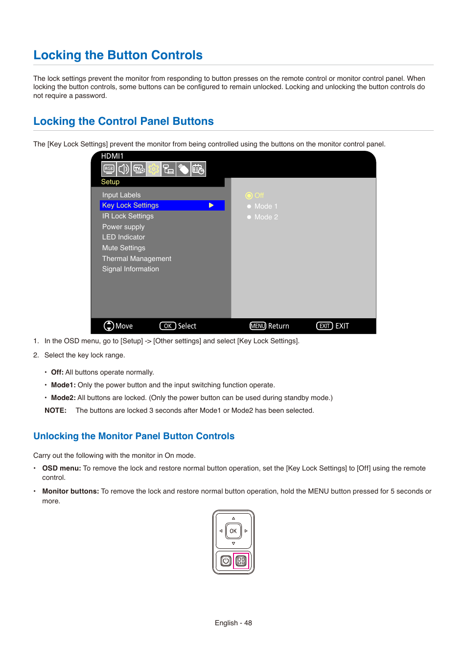 Locking the button controls, Locking the control panel buttons, Unlocking the monitor panel button controls | NEC E558 55" Class 4K UHD Commercial LED TV User Manual | Page 51 / 90